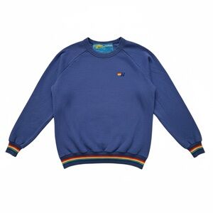 Aviator Nation Blue Crewneck Sweater with Rainbow Trim and POCKETS